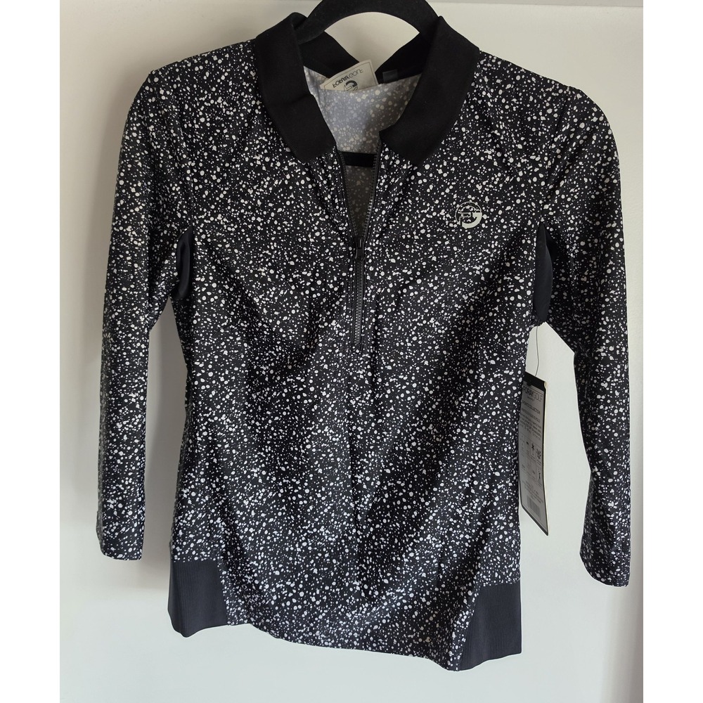NWT Foray Golf Polo Womens S Black White Paint Splatter Long Sleeve Collared